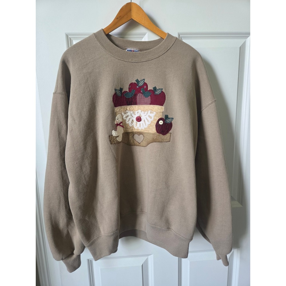 Vintage Jerzees XL Apple Basket Applique Sweatshirt Made USA Cottagecore Fall